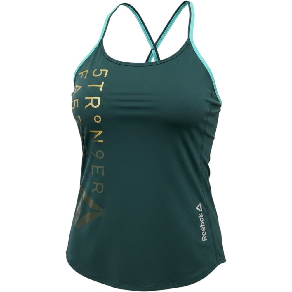 Reebok PlayIce Womens Built In Bra Tank Top Green Teal Stronger Faster Graphic